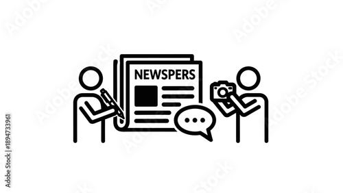 Journalists reporting news with camera and pen.