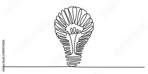 Abstract one continuous line drawing of a lightbulb symbolizing creativity and inspiration isolated on white background, Vector, illustration