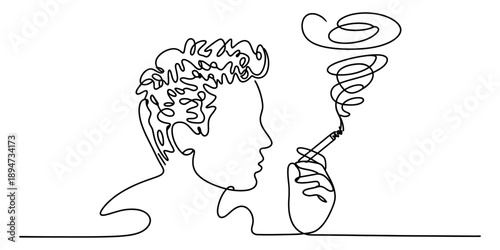 Continuous line drawing of a person smoking a cigarette with curly smoke isolated on white background, Vector, illustration