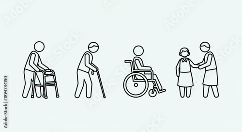 Icons representing elderly people with mobility aids and assistance.