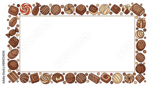 A rectangular frame made from a delicious assortment of various hand-drawn chocolate candies and pralines, leaving a blank space for text in the center.