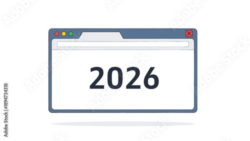 A simple flat illustration of a computer browser window with the year 2026 displayed prominently on the page, isolated on a white background.