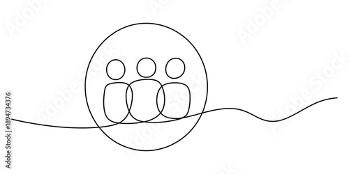 Continuous line drawing of three people icons in a circle representing community and teamwork isolated on white background, Vector, illustration