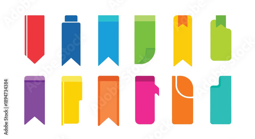 Collection of twelve vibrant flat design bookmark icons perfect for marking favorite pages in digital documents or physical books with style