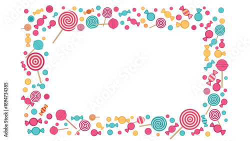 A festive and colorful rectangular frame made of cartoon lollipops and wrapped candies in shades of pink, yellow, and teal on a white background.