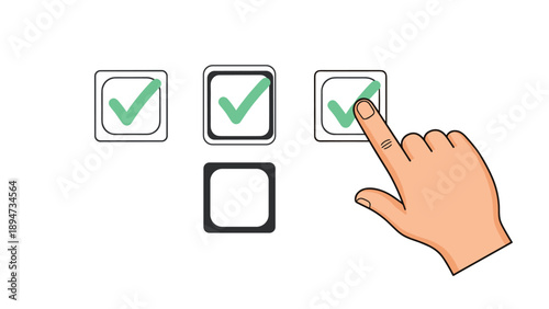 An illustration of a hand pointing at and selecting a checkbox with a green checkmark, symbolizing choice, approval, or completing a task.