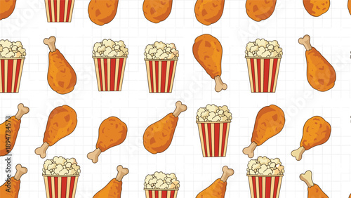 A fun seamless pattern of movie night snacks, including fried chicken drumsticks and classic striped popcorn boxes, on a gridded white background.