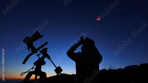 Quadro su tela Amateur astronomer observing stars, planets, Moon eclipse and other celestial objects