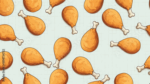 A delicious and savory seamless pattern background featuring cartoon-style fried chicken drumsticks on a pale blue tiled kitchen surface.