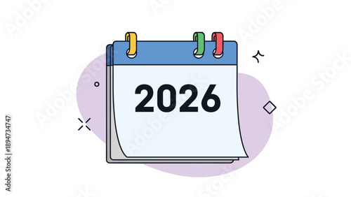A colorful and modern cartoon illustration of a tear-off calendar page showing the year 2026, isolated on a white background.