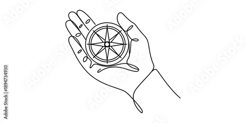 One continuous line drawing of a human hand holding a navigation compass rose on a white background Vector, illustration