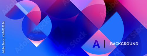 Abstract shapes overlap, creating vibrant blue, pink gradients. Modern design suggests technology, innovation, digital art.