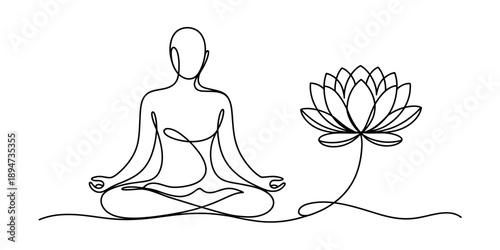 Continuous line drawing of a person meditating in lotus pose with a lotus flower Vector, illustration