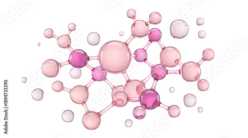 Abstract molecular structure in pink glass style with floating spheres and connected atoms.