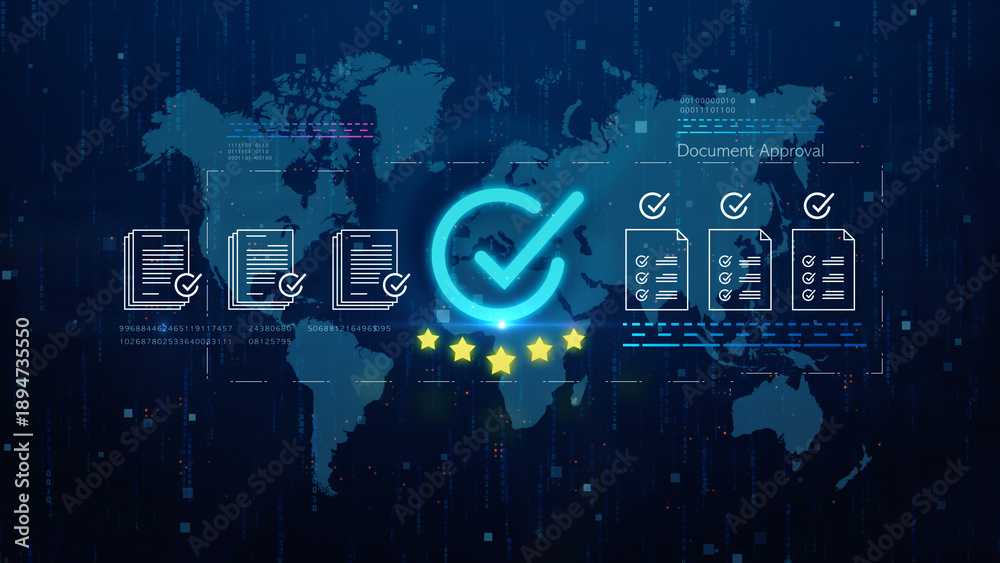 Naklejka premium Digital document approval system with check marks and global network background, representing data verification, compliance, and secure workflow. Business and technology background 3D rendering