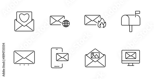 Mail set icon. Envelope, heart, globe, flame, mailbox, smartphone, photo, monitor, interface, mobile letter, inbox, digital mail, message status, attachment, postal symbol.