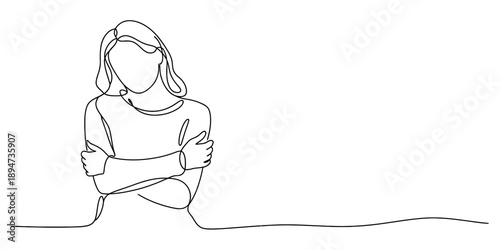 Continuous line drawing of a woman with crossed arms, symbolizing introspection or coldness Vector, illustration