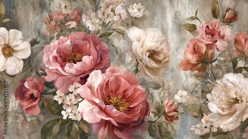Vintage floral wallpaper with delicate pastel pink and blue botanical patterns for interior design.