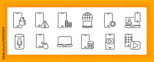 Mobile utility set icon. Smartphones, money, settings, warnings, keypad, webcam, mic, play buttons, and user profile drawn to depict device usage, finance, calls, apps, and voice input.