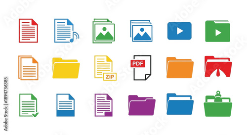 Collection of vibrant and colorful digital file icons and folder representations showcasing various document formats and data organization tools