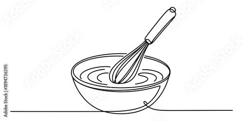 Simple continuous line art illustration of a wire whisk in a mixing bowl for baking preparation Vector, illustration
