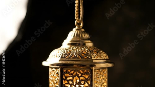 Golden lantern hanging against dark backdrop ornate design ambient lighting