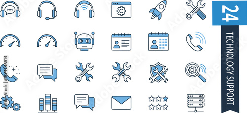 Technology support icon set customer service helpdesk symbols blue outline illustrations isolated on white background for IT support, assistance, and business service design
