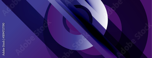 Abstract composition. Overlapping circles, lines create dynamic visual effect. Purple, blue hues dominate design. Modern, minimalist aesthetic.