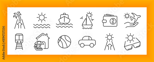 Vacation set icon. Palm, sun, boat, train, wallet, house, plane, ball, car, sunglasses, travel, relax, summer, journey, destination, beach