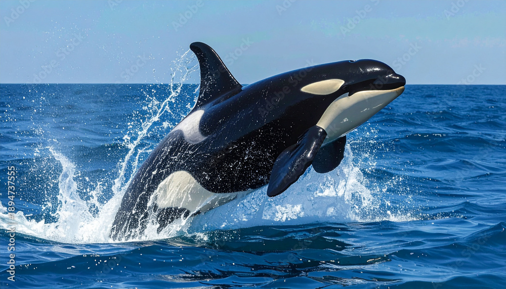 Fototapeta premium Powerful orca breaching from the deep blue ocean, dramatic marine wildlife action under bright sky.