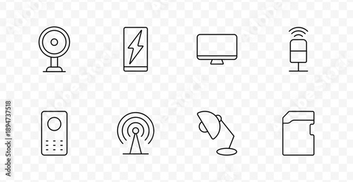 Home tech devices set icon. Icons show webcam, phone, desktop, mic, remote, antenna, lamp, and memory card related to digital communication and electronics in minimal style.