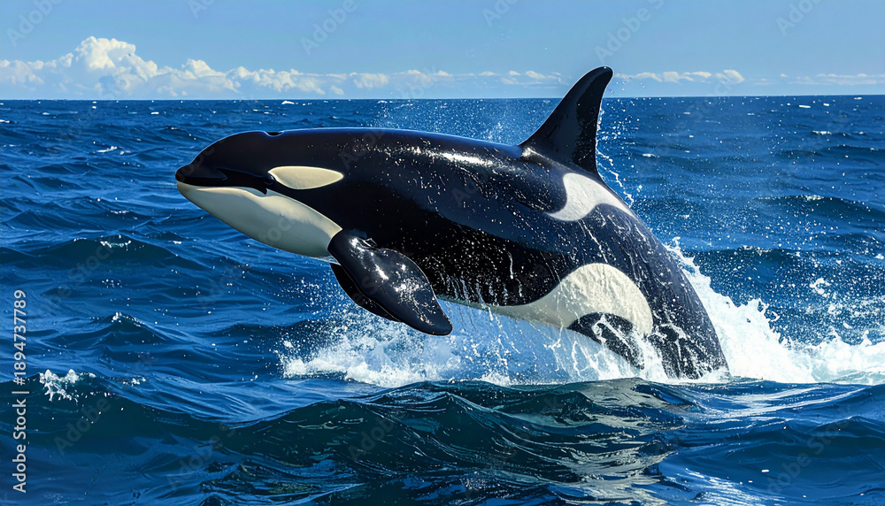 Fototapeta premium Powerful orca breaching from the deep blue ocean, dramatic marine wildlife action under bright sky.