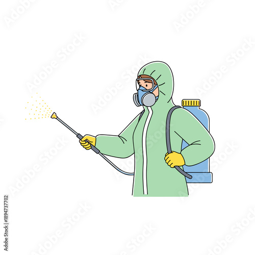 Woman in protective suit spraying pesticide in outdoor environment  