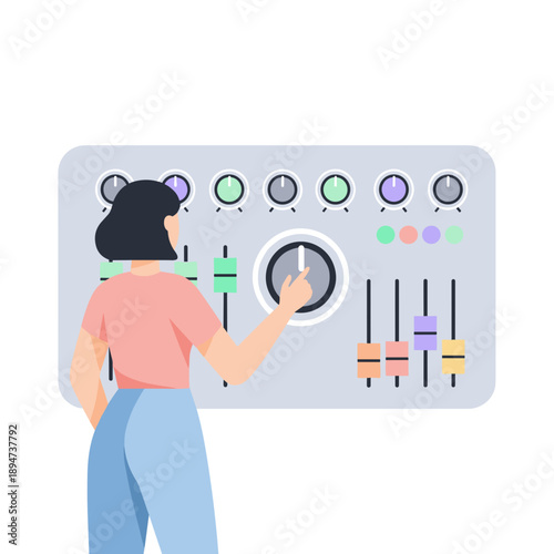 Woman adjusting sound mixer controls in modern audio studio  