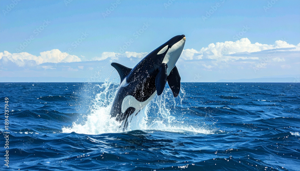 Fototapeta premium Powerful orca breaching from the deep blue ocean, dramatic marine wildlife action under bright sky.