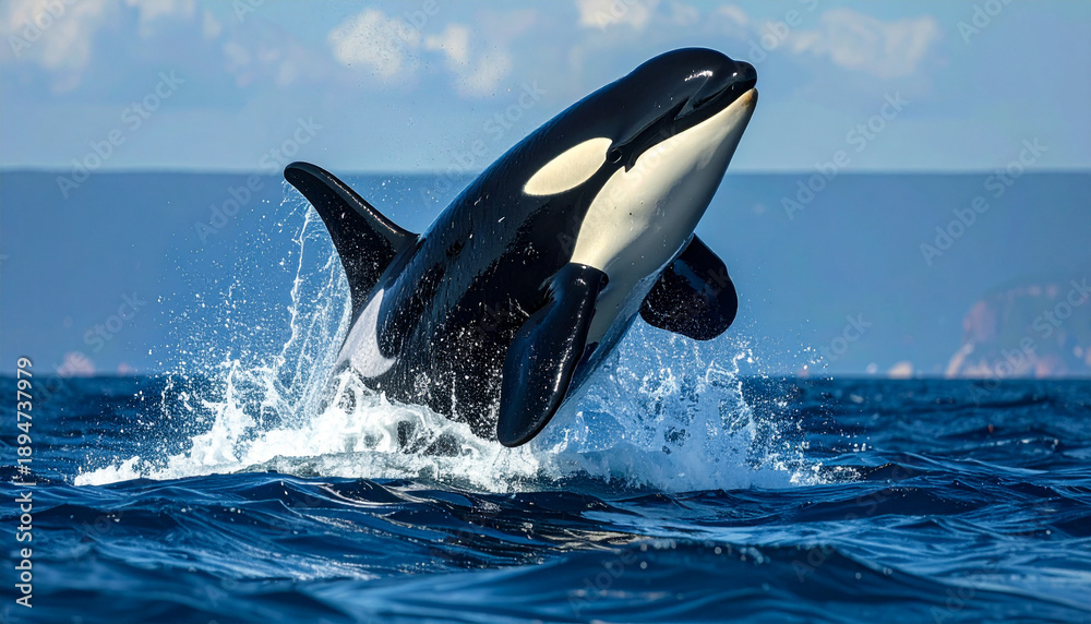 Fototapeta premium Powerful orca breaching from the deep blue ocean, dramatic marine wildlife action under bright sky.