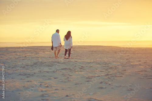 Canvas Print Back, couple and walking with sunset at beach for love, romantic date and bonding on holiday