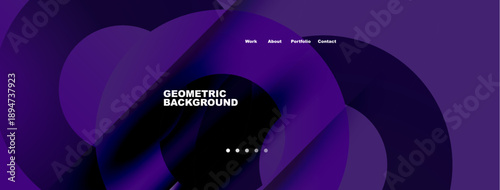 Abstract purple design features flowing shapes, text elements, navigation menu. Minimalist aesthetic with dark background.