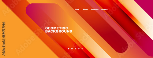 Abstract geometric design. Vibrant orange, red, pink gradients create dynamic layers. Text displays website navigation options. Modern aesthetic.