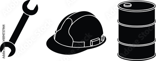 Black silhouette of wrench hard hat and oil drum icons isolated on white background industrial vector illustration