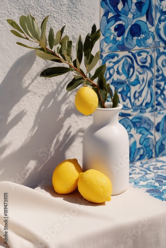 Lemons And Vase In Minimal Mediterranean Still Life