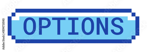 Options retro pixel style blue button. Customizable settings. Adjust preferences. Configuration tool. User controls. Pixelated UI element. Clickable call-to-action 8-bit sticker. Roboto Mono font used
