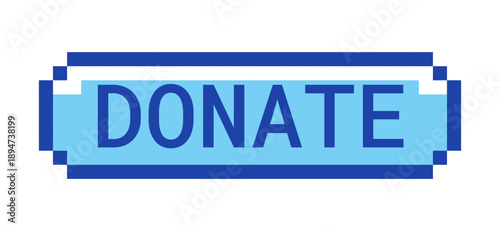 Donate retro pixel style blue button. Charity support. Financial contribution. Give donation. Fundraising prompt. Pixelated UI element. Clickable call-to-action 8-bit sticker. Roboto Mono font used