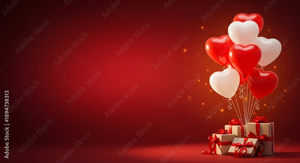 Obraz premium Valentine's day celebration with red and white heart balloons and gift boxes