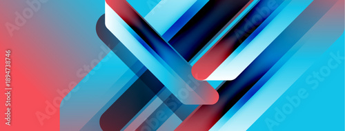 Abstract geometric composition. Vivid blue, red gradients create dynamic visual effect. Modern design, sleek lines suggest movement, depth.