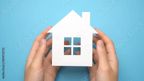 Hands holding a white paper house against a bright blue background