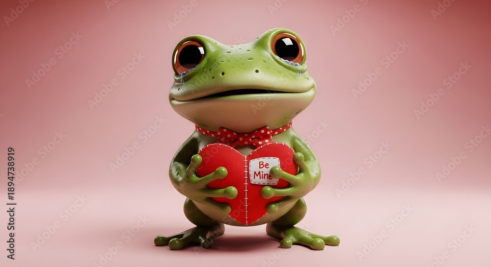 Obraz premium Sad cartoon frog with a polka dot bowtie holding a heart that says 'Be Mine'