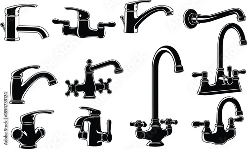 Black vector silhouette set of various water taps and kitchen faucets isolated on white background for plumbing service home renovation or bathroom hardware design.