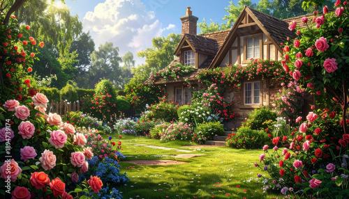 Charming cottage garden in full bloom with colorful flowers and sunlight, peaceful spring landscape background.