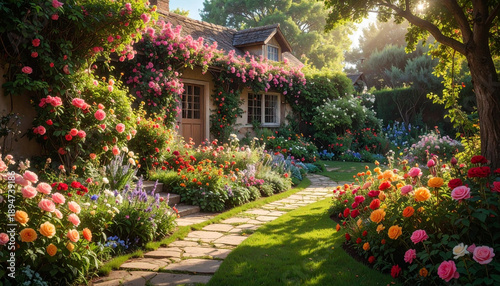 Charming cottage garden in full bloom with colorful flowers and sunlight, peaceful spring landscape background.